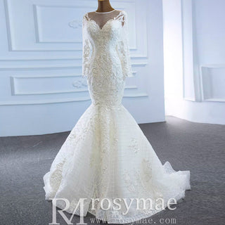 Long Sleeve Lace Mermaid Wedding Gown with Detachable Skirt - Rosymae
