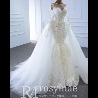 Long Sleeve Lace Mermaid Wedding Gown with Detachable Skirt - Rosymae