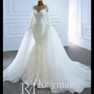 Long Sleeve Lace Mermaid Wedding Gown with Detachable Skirt - Rosymae