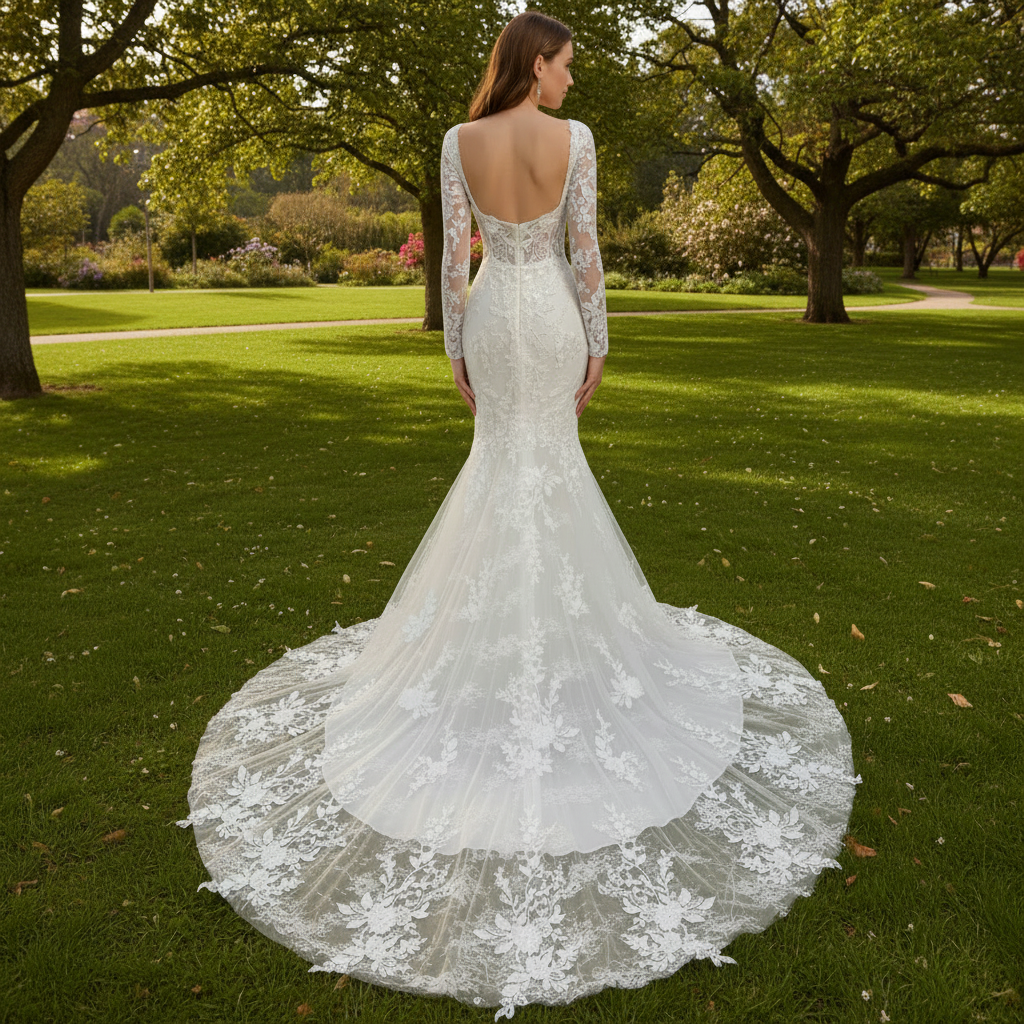 Elegant Long Sleeve Trumpet Wedding Dress with Square Neckline White / 12 Elegant Long Sleeve Trumpet Wedding Dress with Square Neckline White / 12