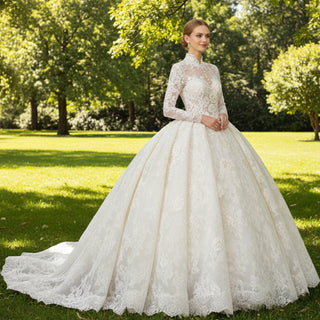Ball Gown Long Sleeves Lace Muslim Wedding Dress with High Neck – Rosymae Ball Gown Long Sleeves Lace Muslim Wedding Dress with High Neck – Rosymae