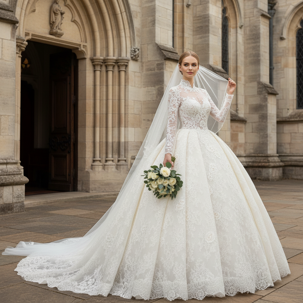 Ball Gown Long Sleeves Lace Muslim Wedding Dress with High Neck Rosymae Ball Gown Long Sleeves Lace Muslim Wedding Dress with High Neck Rosymae