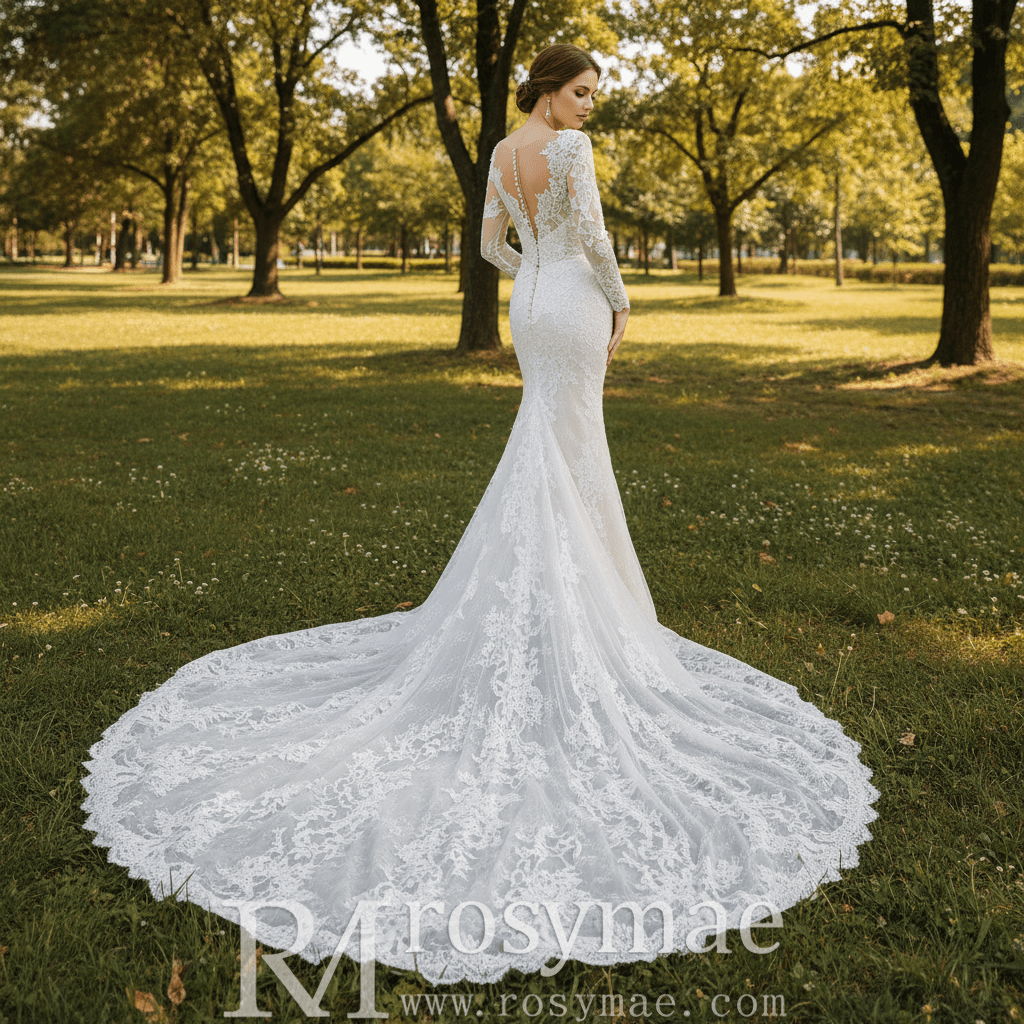 Long Sleeve Lace Overlay Mermaid Wedding Dress with Vneck - Rosymae