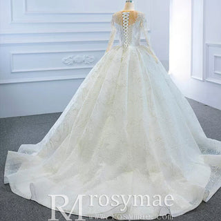 Long Sleeve Lace Puffy Wedding Dress Vintage Ball Gown - Rosymae