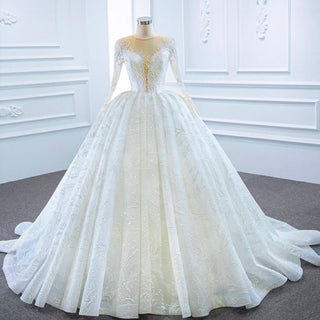 Long Sleeve Lace Puffy Wedding Dress Vintage Ball Gown - Rosymae