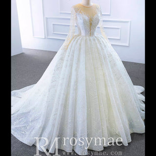 Long Sleeve Lace Puffy Wedding Dress Vintage Ball Gown - Rosymae