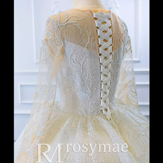 Long Sleeve Lace Puffy Wedding Dress Vintage Ball Gown - Rosymae