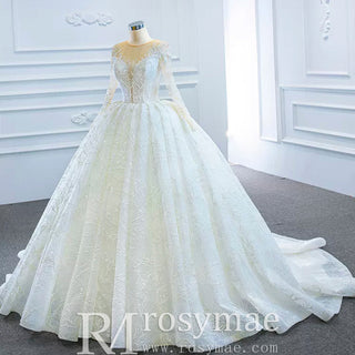 Long Sleeve Lace Puffy Wedding Dress Vintage Ball Gown - Rosymae