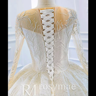 Long Sleeve Lace Puffy Wedding Dress Vintage Ball Gown - Rosymae
