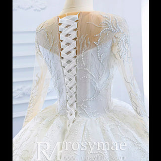 Long Sleeve Lace Puffy Wedding Dress Vintage Ball Gown - Rosymae