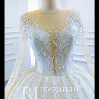 Long Sleeve Lace Puffy Wedding Dress Vintage Ball Gown - Rosymae