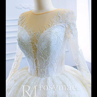 Long Sleeve Lace Puffy Wedding Dress Vintage Ball Gown - Rosymae