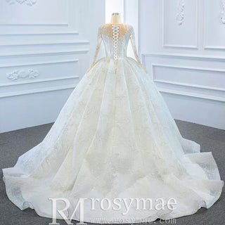 Long Sleeve Lace Puffy Wedding Dress Vintage Ball Gown - Rosymae