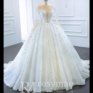 Long Sleeve Lace Puffy Wedding Dress Vintage Ball Gown - Rosymae