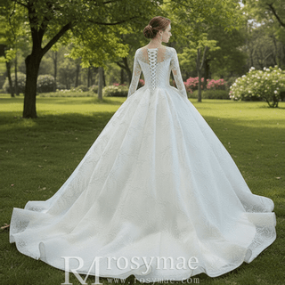 Long Sleeve Lace Puffy Wedding Dress Vintage Ball Gown - Rosymae