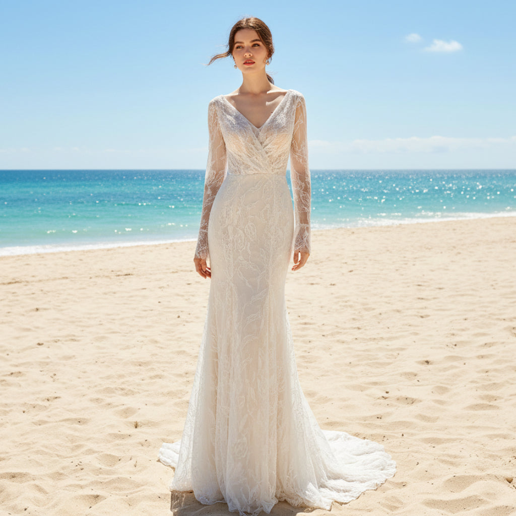 form fitting dresses wedding Long Sleeve Lace Sheath & Form Fitting Wedding Dresses Champagne / 18