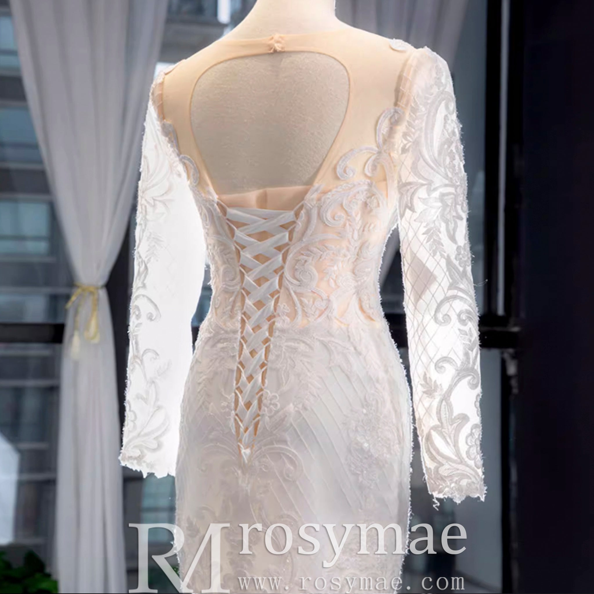 Long Sleeve Lace Trumpet Wedding Gown with Detachable Skirt - Rosymae