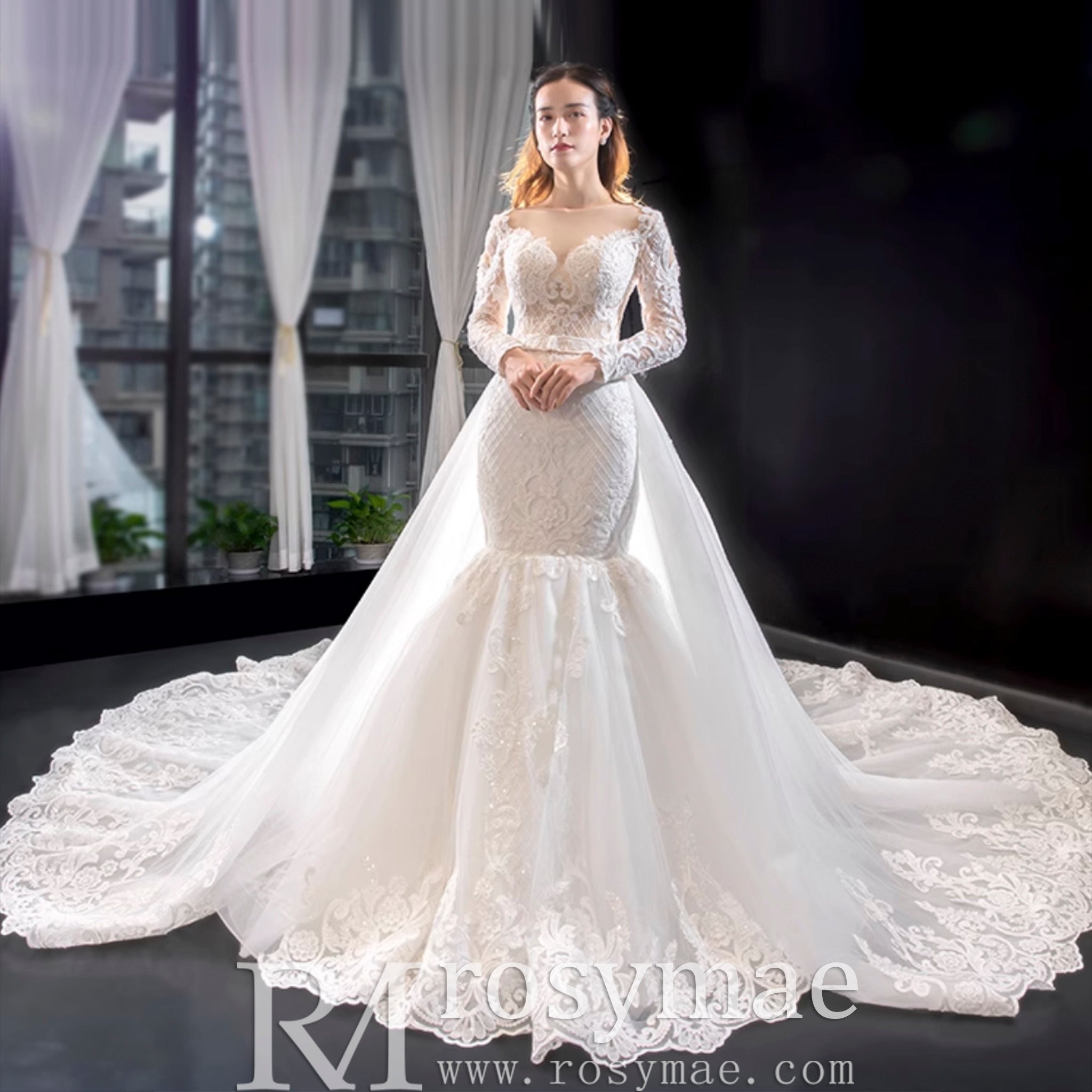 Long Sleeve Lace Trumpet Wedding Gown with Detachable Skirt - Rosymae