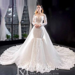 Long Sleeve Lace Trumpet Wedding Gown with Detachable Skirt - Rosymae