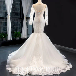 Long Sleeve Lace Trumpet Wedding Gown with Detachable Skirt - Rosymae