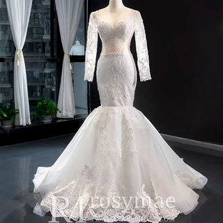 Long Sleeve Lace Trumpet Wedding Gown with Detachable Skirt - Rosymae
