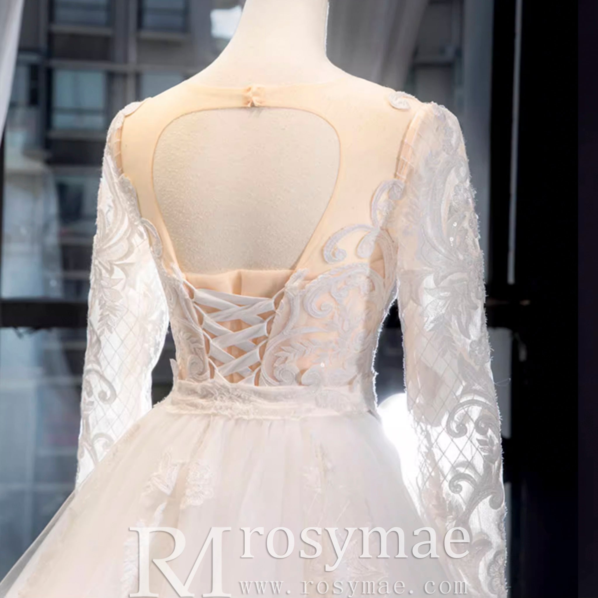 Long Sleeve Lace Trumpet Wedding Gown with Detachable Skirt - Rosymae