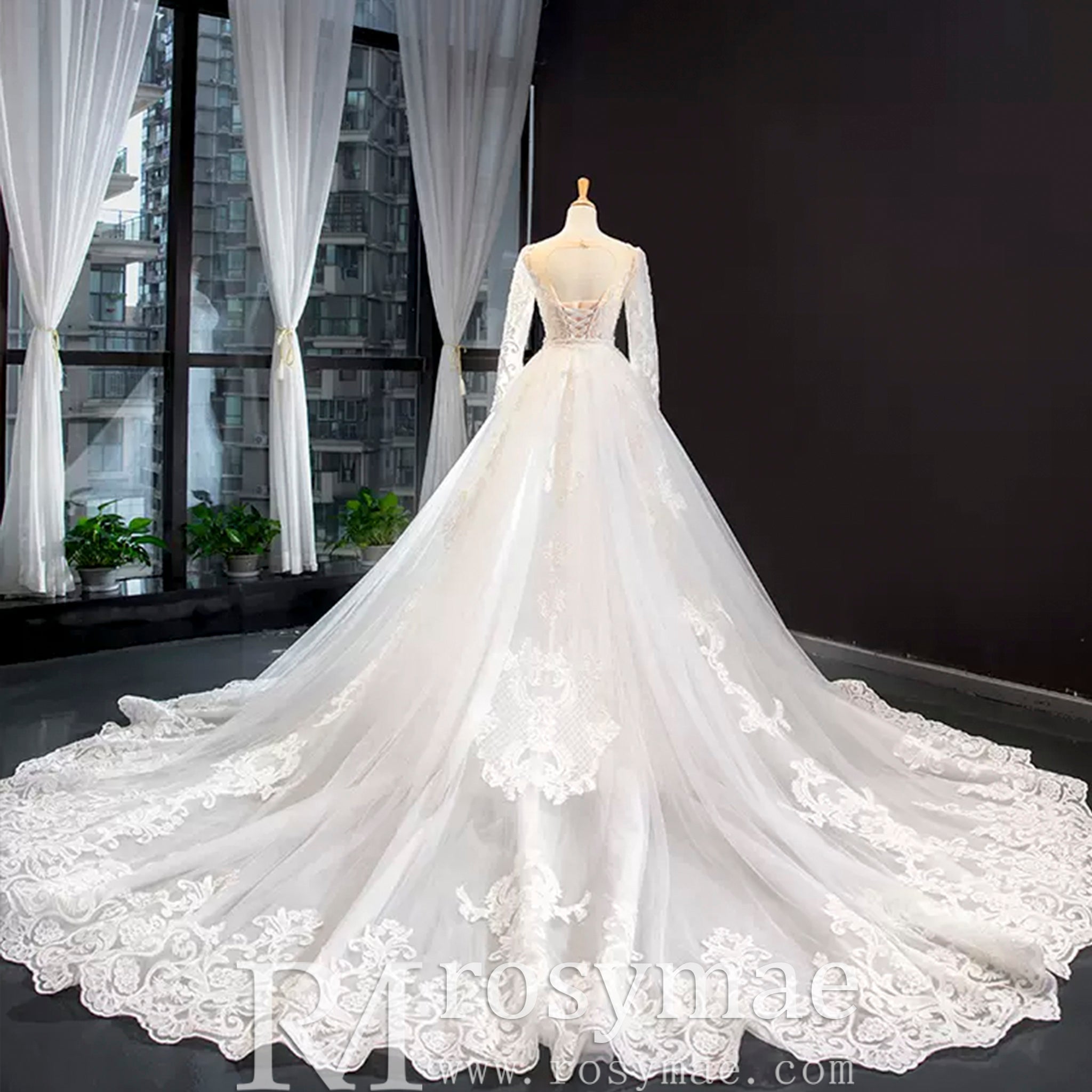 Long Sleeve Lace Trumpet Wedding Gown with Detachable Skirt - Rosymae