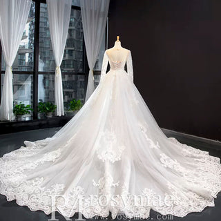 Long Sleeve Lace Trumpet Wedding Gown with Detachable Skirt - Rosymae