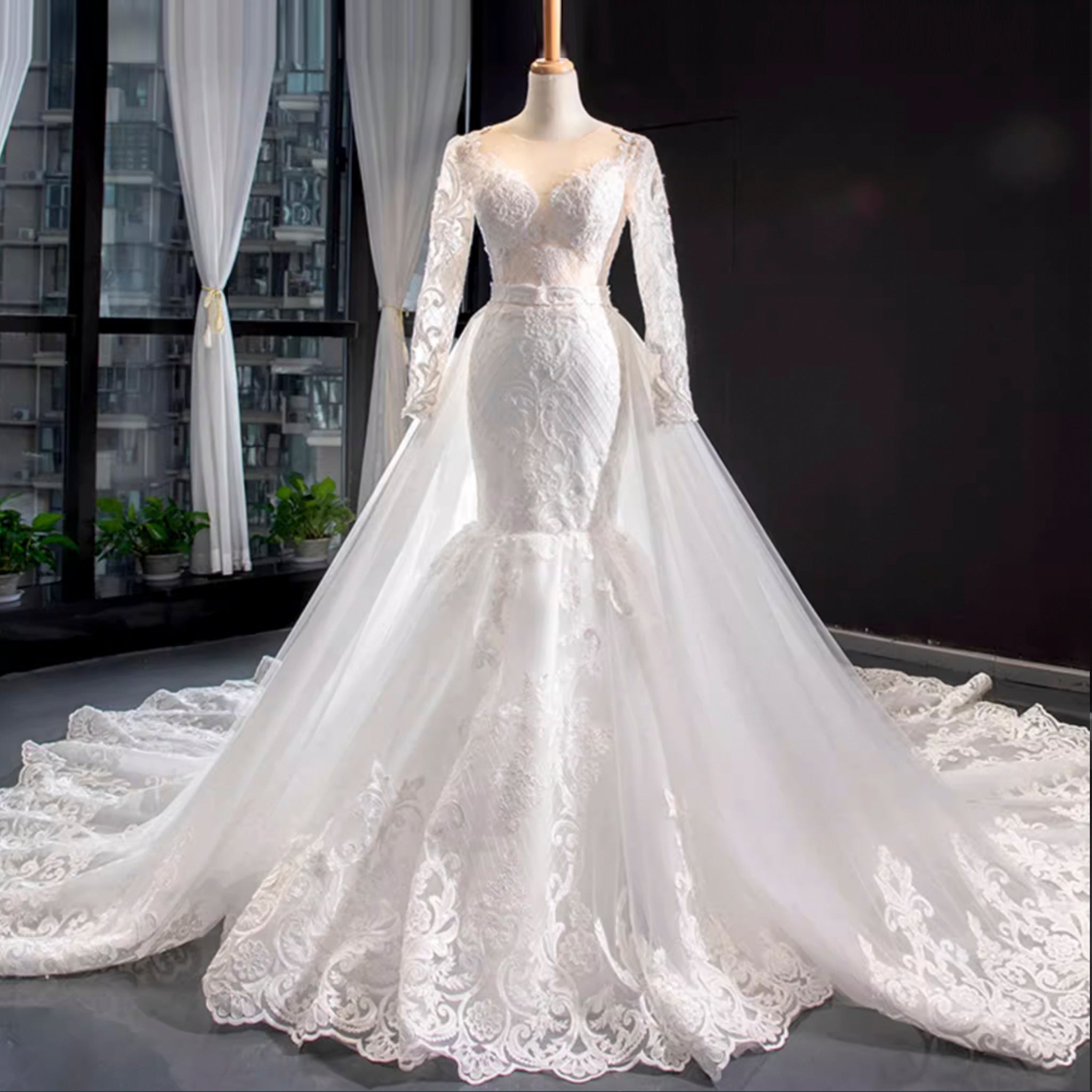 Long Sleeve Lace Trumpet Wedding Gown with Detachable Skirt - Rosymae