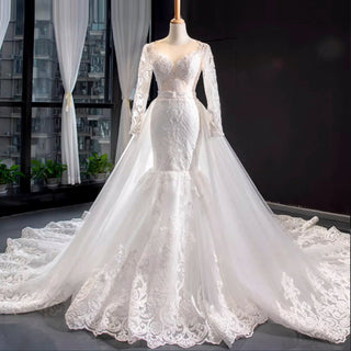 Long Sleeve Lace Trumpet Wedding Gown with Detachable Skirt - Rosymae