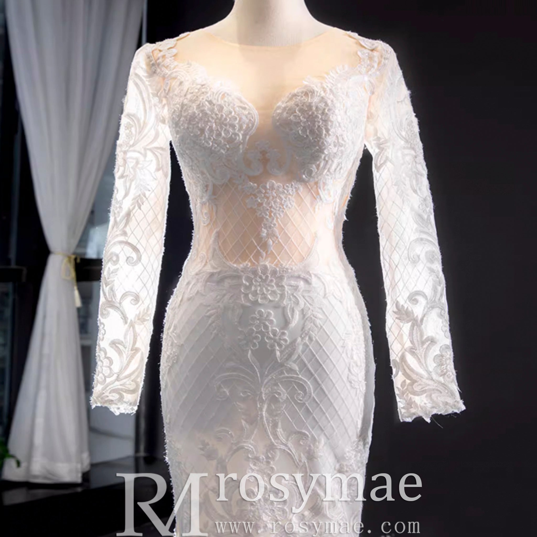 Long Sleeve Lace Trumpet Wedding Gown with Detachable Skirt - Rosymae