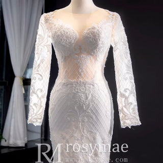 Long Sleeve Lace Trumpet Wedding Gown with Detachable Skirt - Rosymae