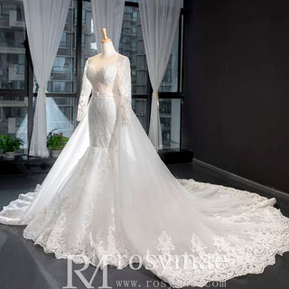 Long Sleeve Lace Trumpet Wedding Gown with Detachable Skirt - Rosymae