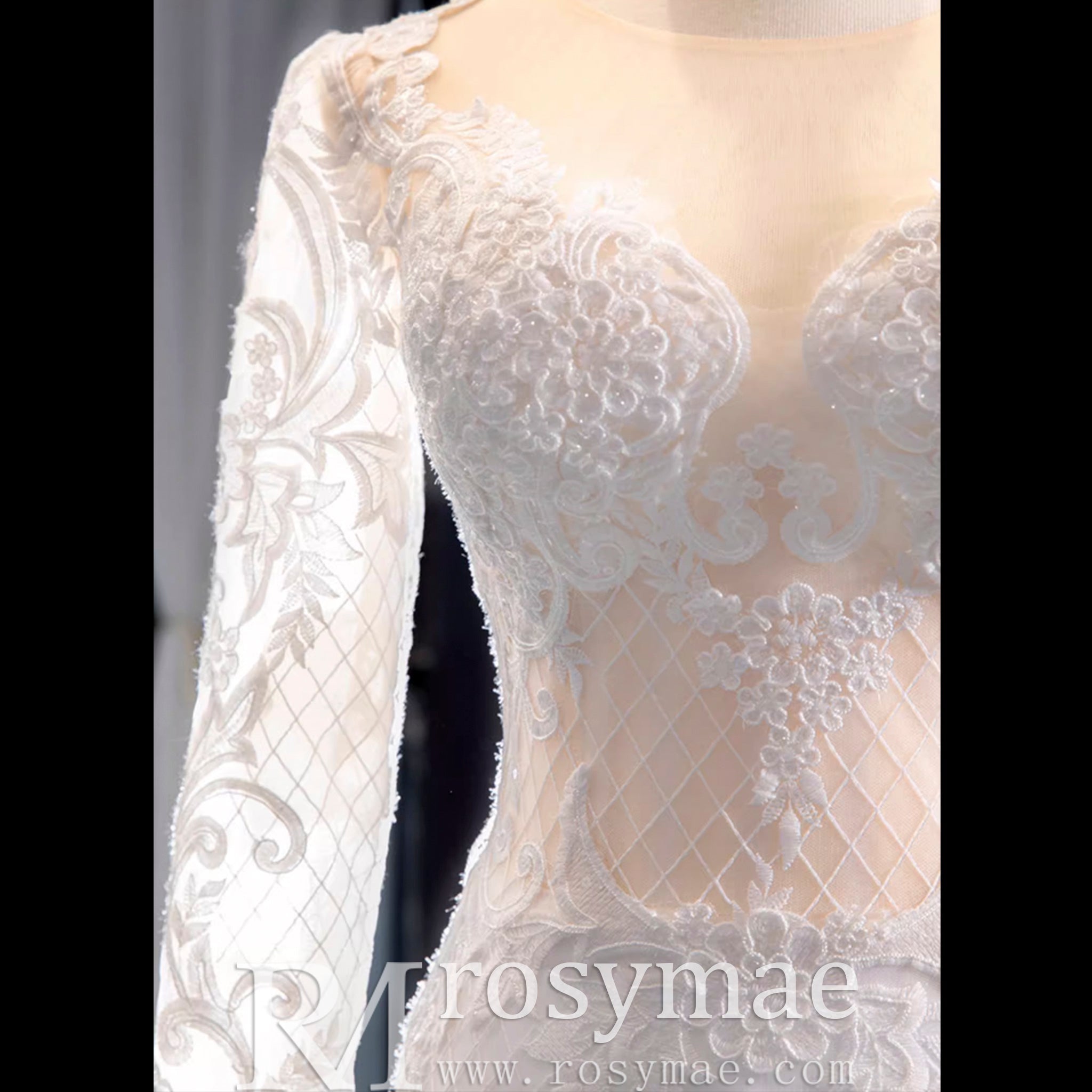 Long Sleeve Lace Trumpet Wedding Gown with Detachable Skirt - Rosymae
