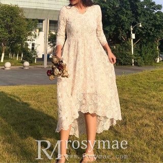 V-neck High Low Lace Wedding Dress with Three Quarter Sleeve