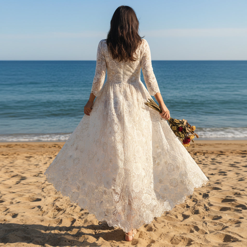 V-neck High Low Lace Wedding Dress with Three Quarter Sleeve Off White / 12 V-neck High Low Lace Wedding Dress with Three Quarter Sleeve Off White / 12