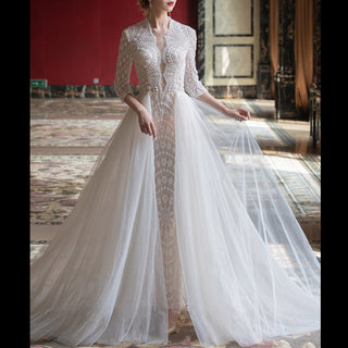Three Quarter Sleeve Mermaid Lace Wedding Dress with Detachable Train