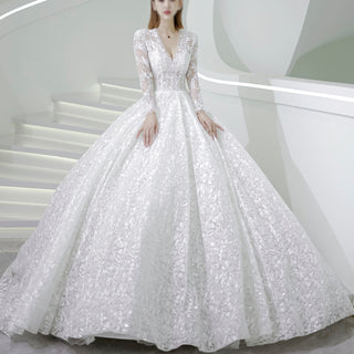 Long Sleeve Floral Lace BallGown Wedding Dress with Deep Vneck