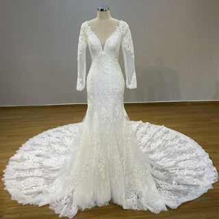 Romantic Vneck Fit and Flare Lace Wedding Dress with Long Sleeves