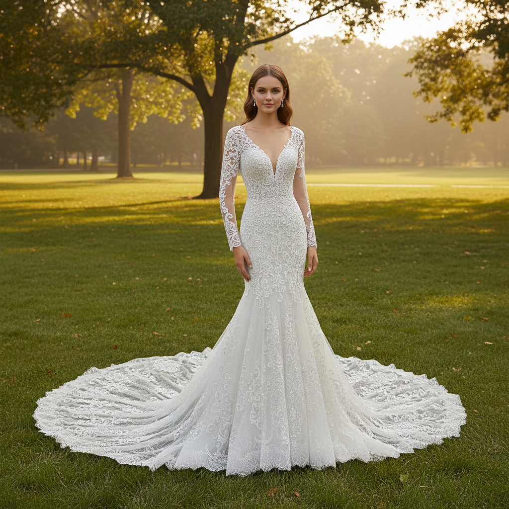 Romantic Vneck Fit and Flare Lace Wedding Dress with Long Sleeves Ivory / 2 Romantic Vneck Fit and Flare Lace Wedding Dress with Long Sleeves Ivory / 2