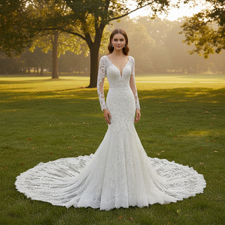 Romantic Vneck Fit and Flare Lace Wedding Dress with Long Sleeves