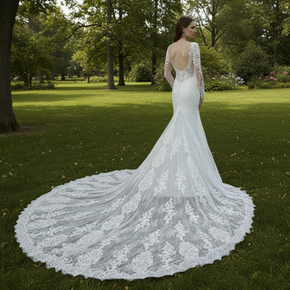 Romantic Vneck Fit and Flare Lace Wedding Dress with Long Sleeves