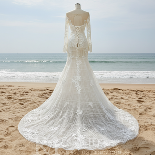 Long Sleeve Mermaid Style Lace Wedding Dress with Keyhole Back