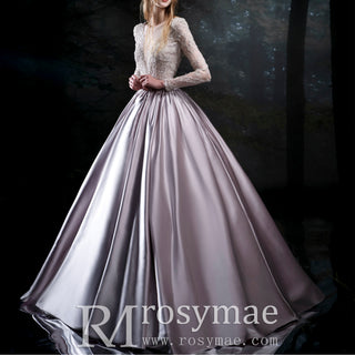 Sheer Purple Long Sleeve Sparkly Evening Dress Formal Party Gown