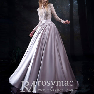 Sheer Purple Long Sleeve Sparkly Evening Dress Formal Party Gown