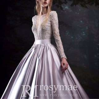 Sheer Purple Long Sleeve Sparkly Evening Dress Formal Party Gown