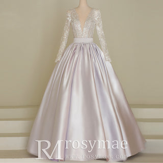 Sheer Purple Long Sleeve Sparkly Evening Dress Formal Party Gown