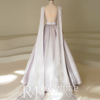 Sheer Purple Long Sleeve Sparkly Evening Dress Formal Party Gown