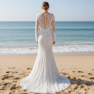 Mermaid Lace Long Sleeve Wedding Dresses & Gowns with Sheer Neck