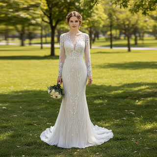 Mermaid Lace Long Sleeve Wedding Dresses & Gowns with Sheer Neck